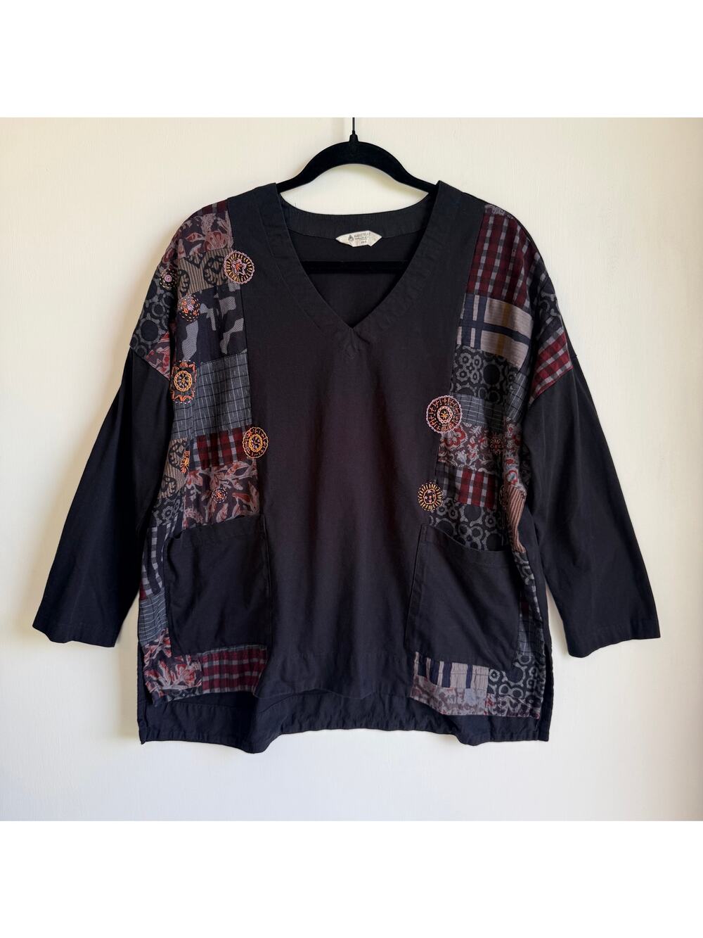 Marketplace Handwork of India Patchwork Boho V-Neck Tunic Blouse Top XS S